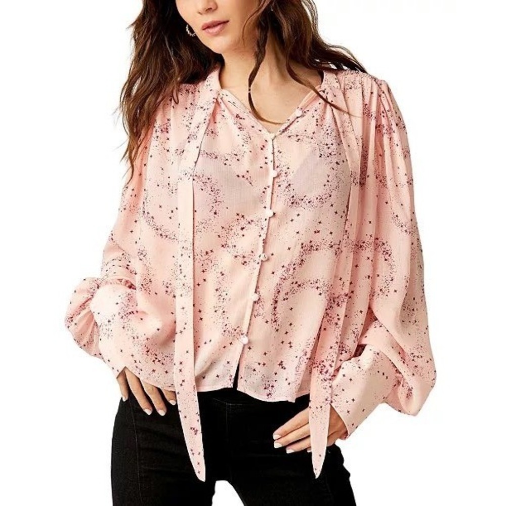 Free People Stars Align Printed Top Blouse Women's‎ Small Pale Pink Boho Hippie